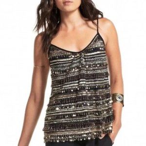 Calypso St. Barth Lovette Beaded Sequins Tank Top Metallic Gold Black Small